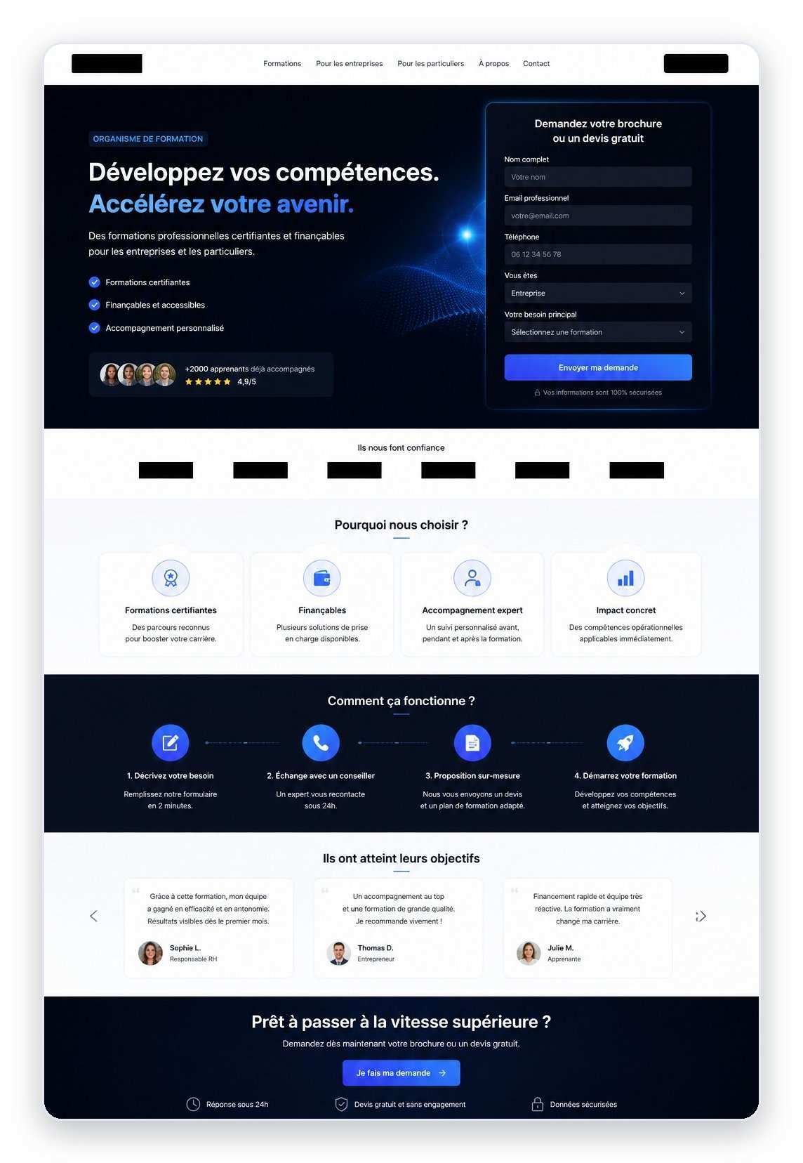 Landing page du client — organisme de formation